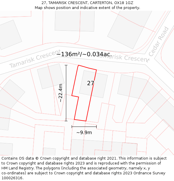 27, TAMARISK CRESCENT, CARTERTON, OX18 1GZ: Plot and title map