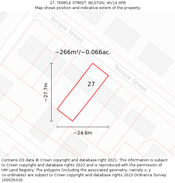 27, TEMPLE STREET, BILSTON, WV14 0PB: Plot and title map