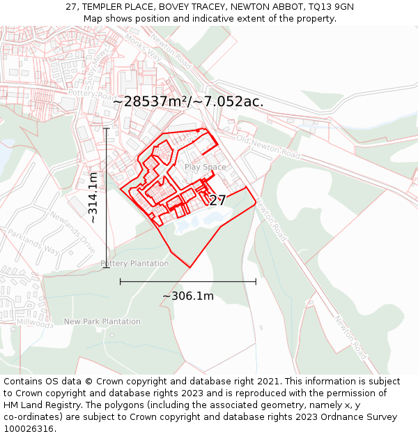 27, TEMPLER PLACE, BOVEY TRACEY, NEWTON ABBOT, TQ13 9GN: Plot and title map