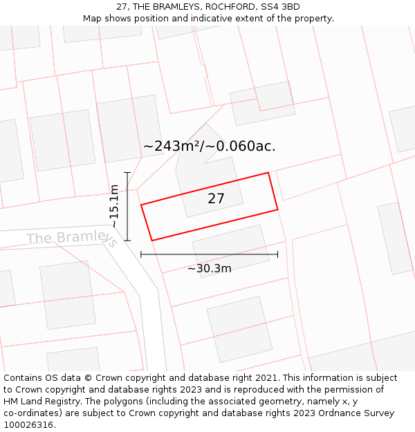 27, THE BRAMLEYS, ROCHFORD, SS4 3BD: Plot and title map