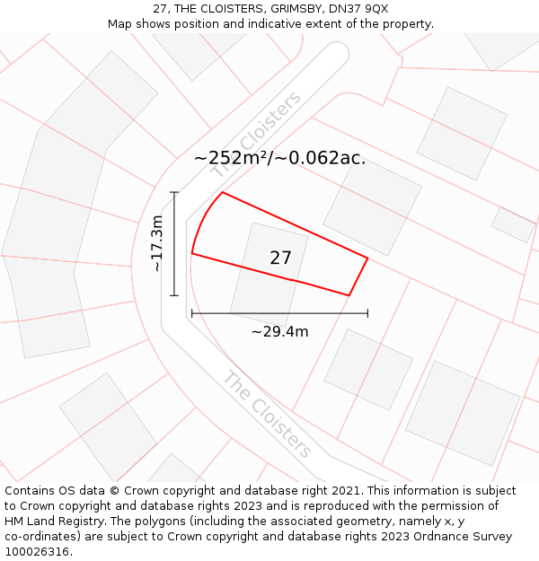 27, THE CLOISTERS, GRIMSBY, DN37 9QX: Plot and title map