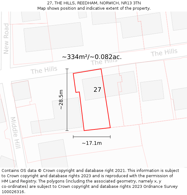 27, THE HILLS, REEDHAM, NORWICH, NR13 3TN: Plot and title map