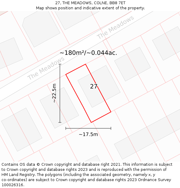 27, THE MEADOWS, COLNE, BB8 7ET: Plot and title map