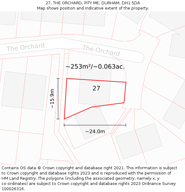 27, THE ORCHARD, PITY ME, DURHAM, DH1 5DA: Plot and title map