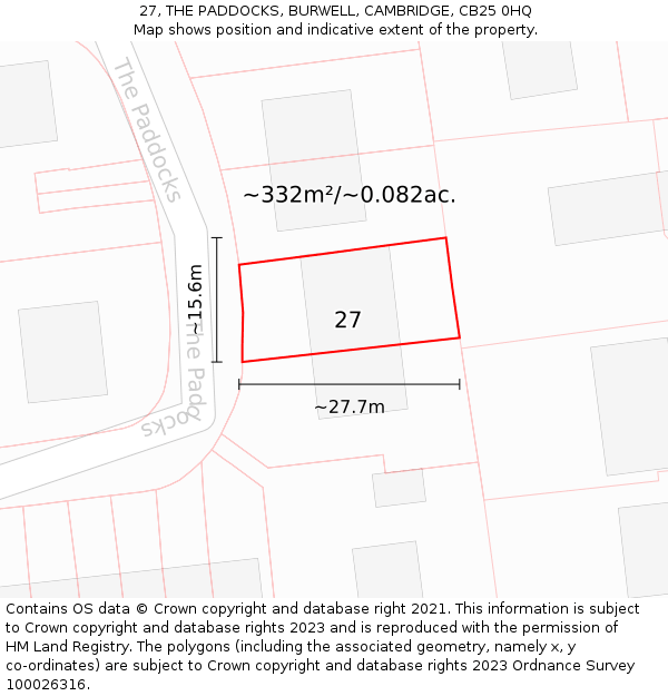 27, THE PADDOCKS, BURWELL, CAMBRIDGE, CB25 0HQ: Plot and title map