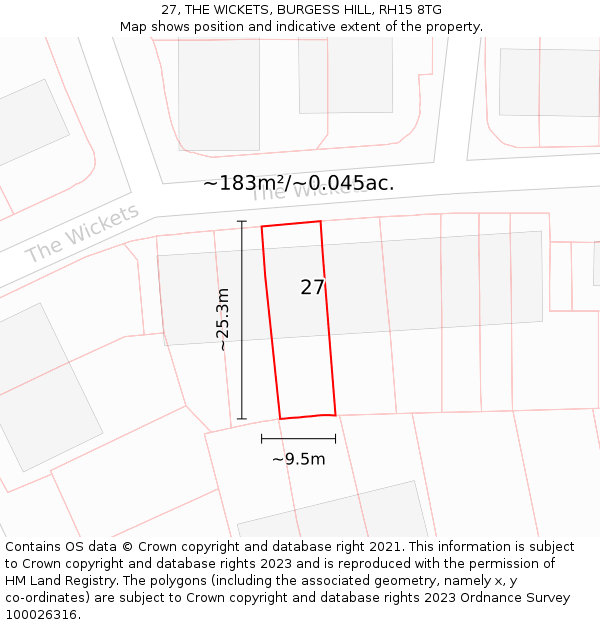 27, THE WICKETS, BURGESS HILL, RH15 8TG: Plot and title map