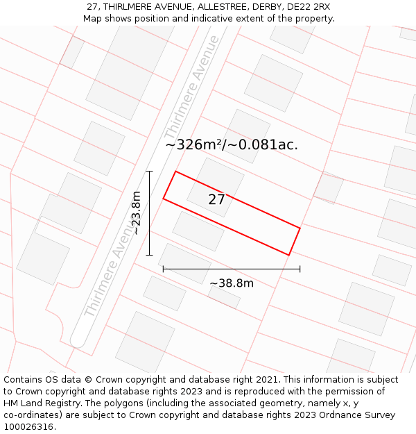 27, THIRLMERE AVENUE, ALLESTREE, DERBY, DE22 2RX: Plot and title map