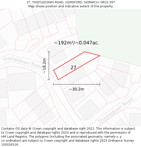 27, THISTLEDOWN ROAD, HORSFORD, NORWICH, NR10 3ST: Plot and title map