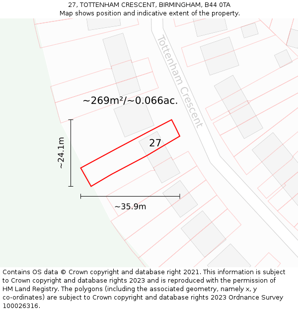 27, TOTTENHAM CRESCENT, BIRMINGHAM, B44 0TA: Plot and title map