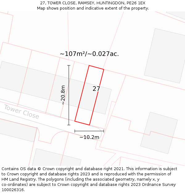 27, TOWER CLOSE, RAMSEY, HUNTINGDON, PE26 1EX: Plot and title map