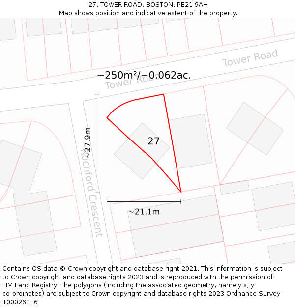 27, TOWER ROAD, BOSTON, PE21 9AH: Plot and title map