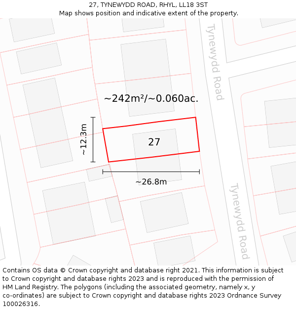 27, TYNEWYDD ROAD, RHYL, LL18 3ST: Plot and title map