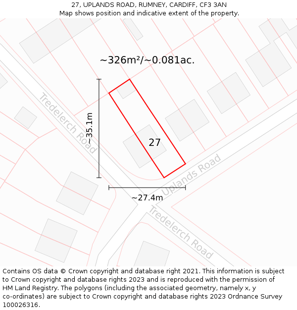 27, UPLANDS ROAD, RUMNEY, CARDIFF, CF3 3AN: Plot and title map