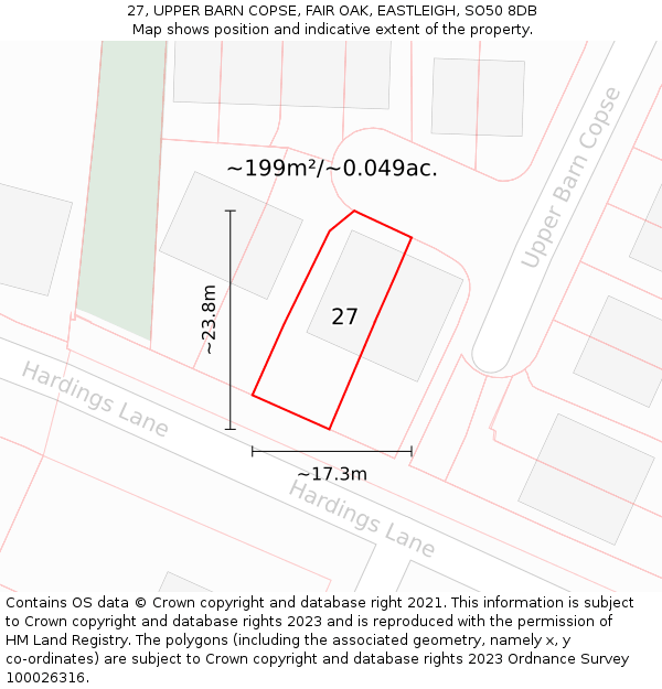 27, UPPER BARN COPSE, FAIR OAK, EASTLEIGH, SO50 8DB: Plot and title map