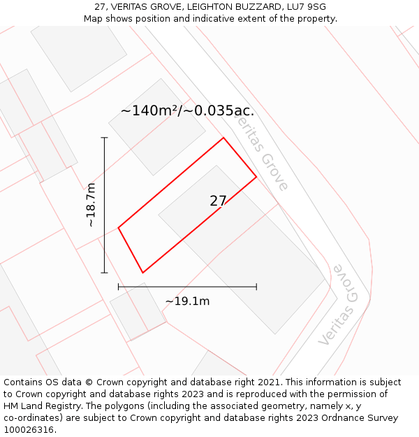 27, VERITAS GROVE, LEIGHTON BUZZARD, LU7 9SG: Plot and title map