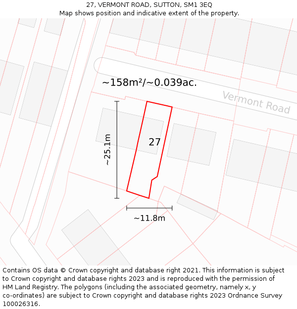 27, VERMONT ROAD, SUTTON, SM1 3EQ: Plot and title map