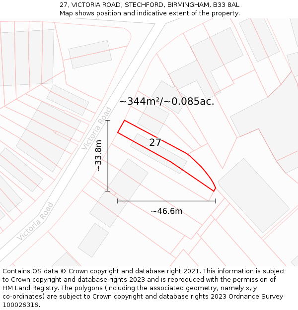 27, VICTORIA ROAD, STECHFORD, BIRMINGHAM, B33 8AL: Plot and title map