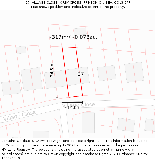 27, VILLAGE CLOSE, KIRBY CROSS, FRINTON-ON-SEA, CO13 0PF: Plot and title map