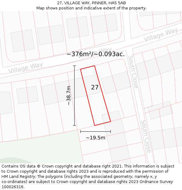 27, VILLAGE WAY, PINNER, HA5 5AB: Plot and title map