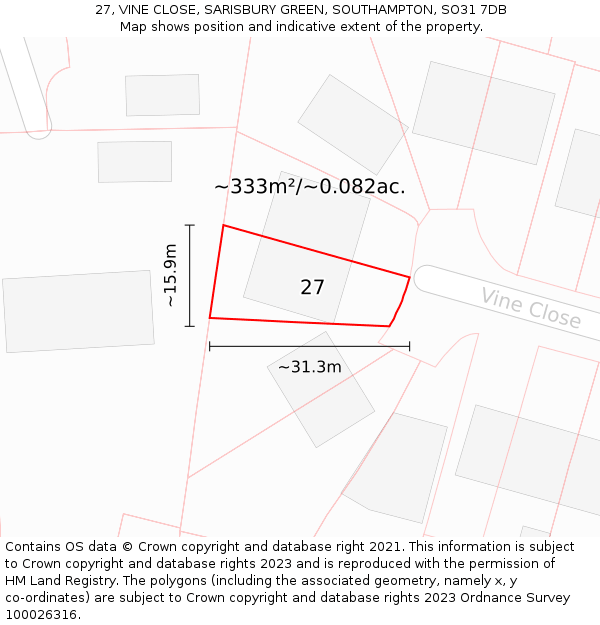 27, VINE CLOSE, SARISBURY GREEN, SOUTHAMPTON, SO31 7DB: Plot and title map