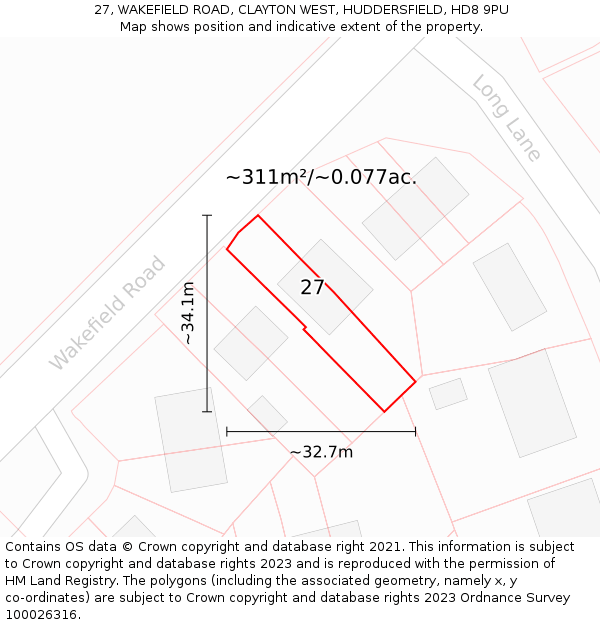 27, WAKEFIELD ROAD, CLAYTON WEST, HUDDERSFIELD, HD8 9PU: Plot and title map