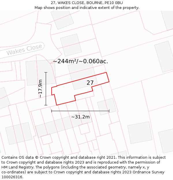 27, WAKES CLOSE, BOURNE, PE10 0BU: Plot and title map