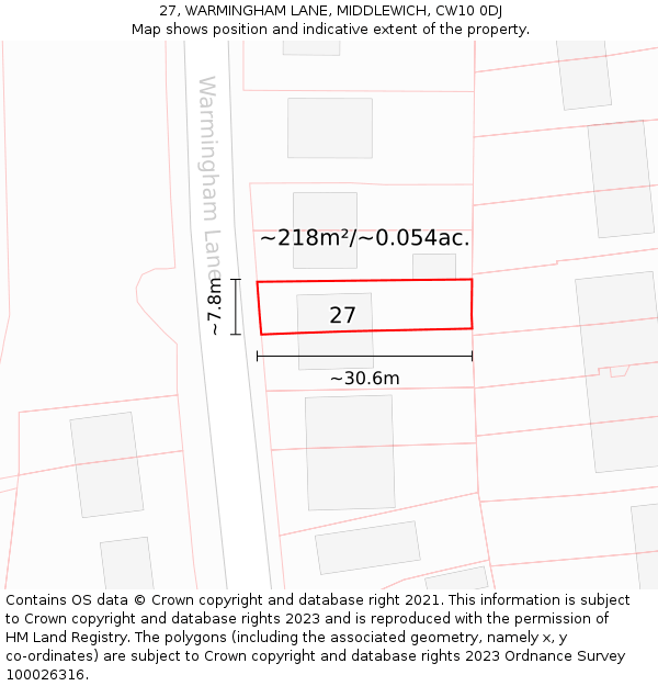 27, WARMINGHAM LANE, MIDDLEWICH, CW10 0DJ: Plot and title map