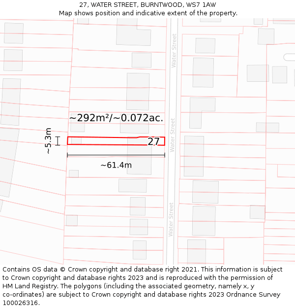 27, WATER STREET, BURNTWOOD, WS7 1AW: Plot and title map