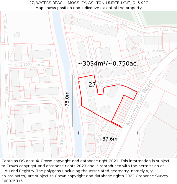 27, WATERS REACH, MOSSLEY, ASHTON-UNDER-LYNE, OL5 9FG: Plot and title map