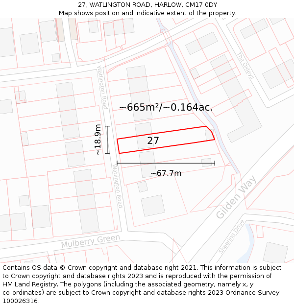 27, WATLINGTON ROAD, HARLOW, CM17 0DY: Plot and title map