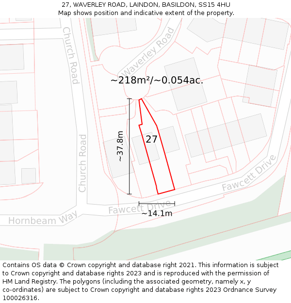 27, WAVERLEY ROAD, LAINDON, BASILDON, SS15 4HU: Plot and title map