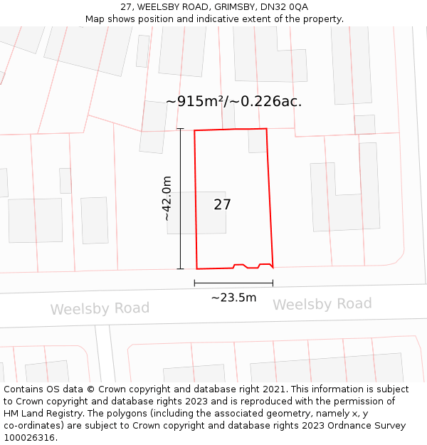 27, WEELSBY ROAD, GRIMSBY, DN32 0QA: Plot and title map