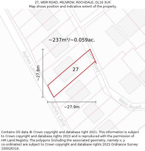 27, WEIR ROAD, MILNROW, ROCHDALE, OL16 3UX: Plot and title map