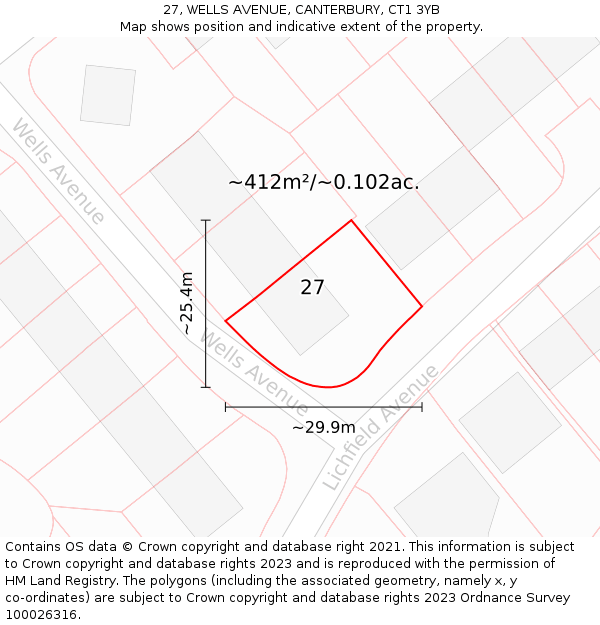 27, WELLS AVENUE, CANTERBURY, CT1 3YB: Plot and title map