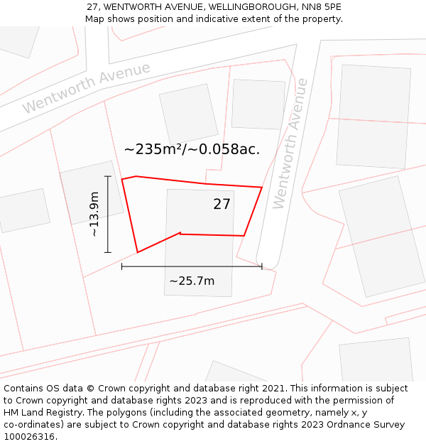 27, WENTWORTH AVENUE, WELLINGBOROUGH, NN8 5PE: Plot and title map