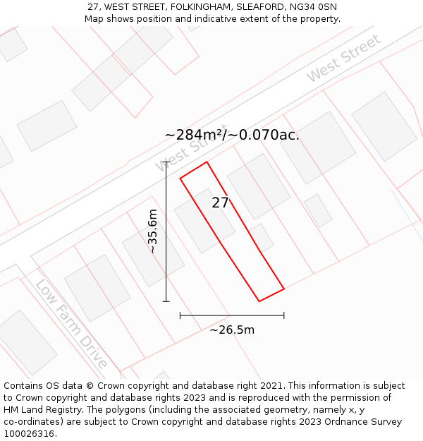 27, WEST STREET, FOLKINGHAM, SLEAFORD, NG34 0SN: Plot and title map