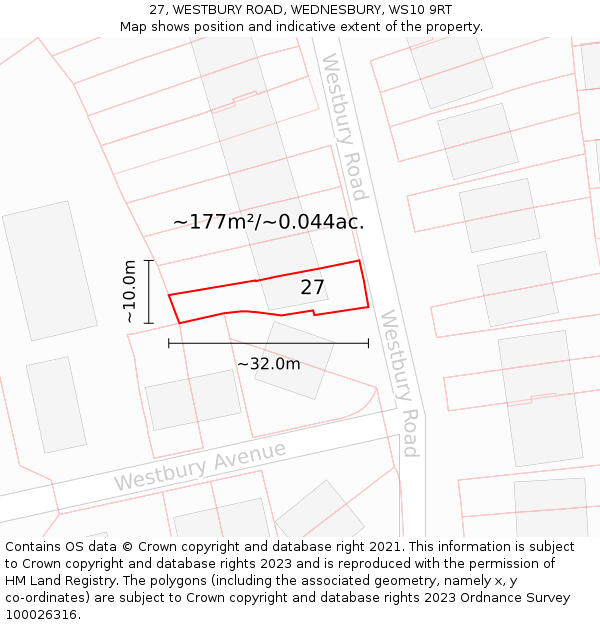 27, WESTBURY ROAD, WEDNESBURY, WS10 9RT: Plot and title map