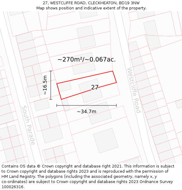 27, WESTCLIFFE ROAD, CLECKHEATON, BD19 3NW: Plot and title map