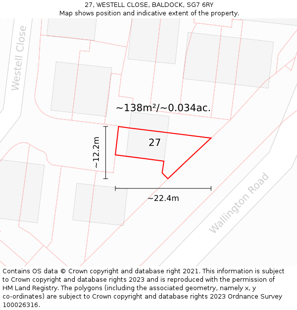 27, WESTELL CLOSE, BALDOCK, SG7 6RY: Plot and title map