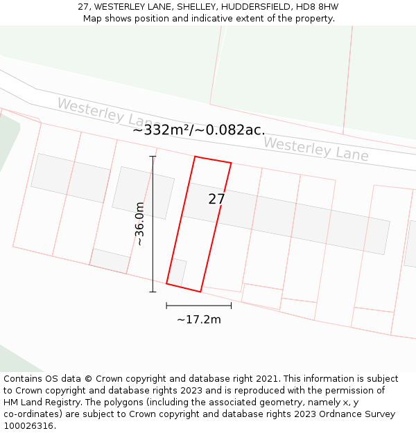 27, WESTERLEY LANE, SHELLEY, HUDDERSFIELD, HD8 8HW: Plot and title map