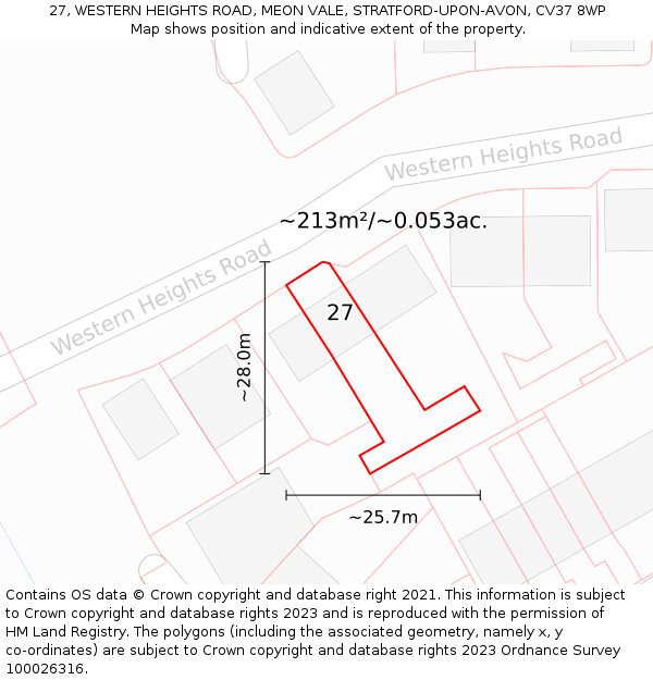 27, WESTERN HEIGHTS ROAD, MEON VALE, STRATFORD-UPON-AVON, CV37 8WP: Plot and title map