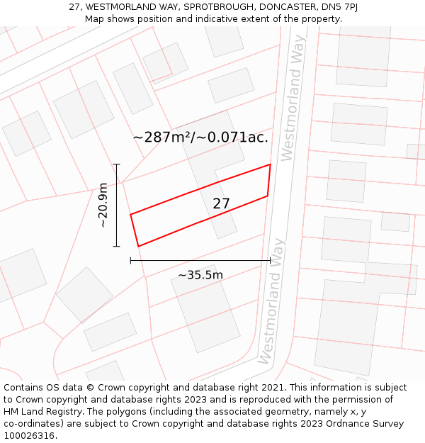 27, WESTMORLAND WAY, SPROTBROUGH, DONCASTER, DN5 7PJ: Plot and title map