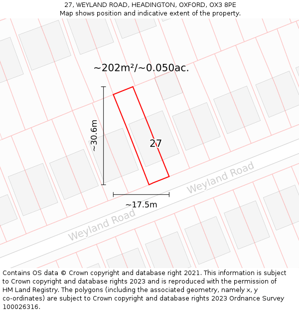 27, WEYLAND ROAD, HEADINGTON, OXFORD, OX3 8PE: Plot and title map