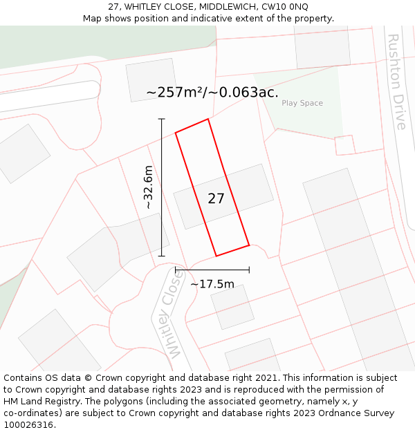 27, WHITLEY CLOSE, MIDDLEWICH, CW10 0NQ: Plot and title map