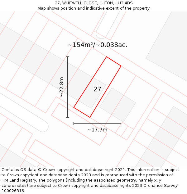 27, WHITWELL CLOSE, LUTON, LU3 4BS: Plot and title map