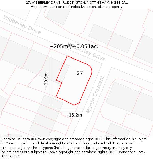 27, WIBBERLEY DRIVE, RUDDINGTON, NOTTINGHAM, NG11 6AL: Plot and title map