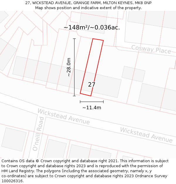 27, WICKSTEAD AVENUE, GRANGE FARM, MILTON KEYNES, MK8 0NP: Plot and title map