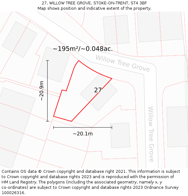 27, WILLOW TREE GROVE, STOKE-ON-TRENT, ST4 3BF: Plot and title map