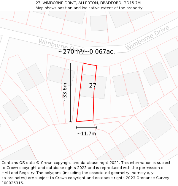 27, WIMBORNE DRIVE, ALLERTON, BRADFORD, BD15 7AH: Plot and title map