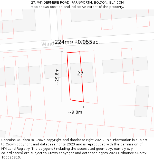 27, WINDERMERE ROAD, FARNWORTH, BOLTON, BL4 0QH: Plot and title map